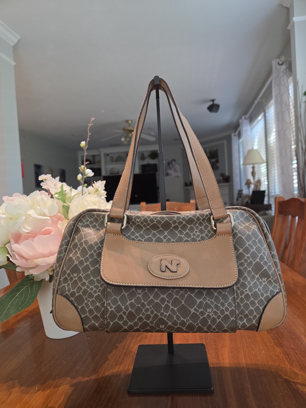 Vintage Nina Ricci Giraffe Patterned Tote with Tan Leather Trim